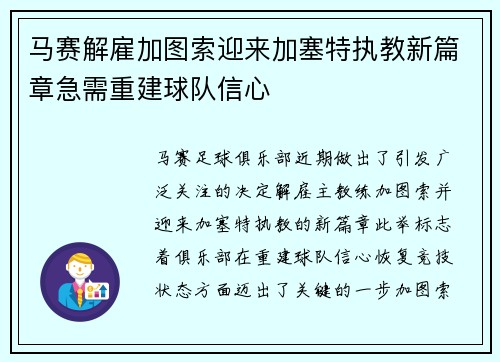 马赛解雇加图索迎来加塞特执教新篇章急需重建球队信心